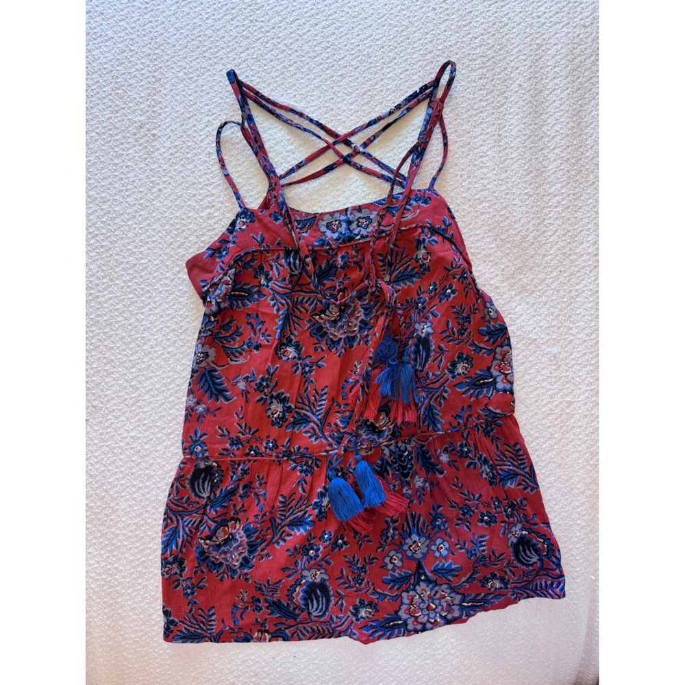 Ann Taylor Loft Floral Strappy Cami Top Red Blue Boho Tassel Blouse Small